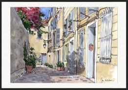 Une rue du Panier avec des bougainvilliers